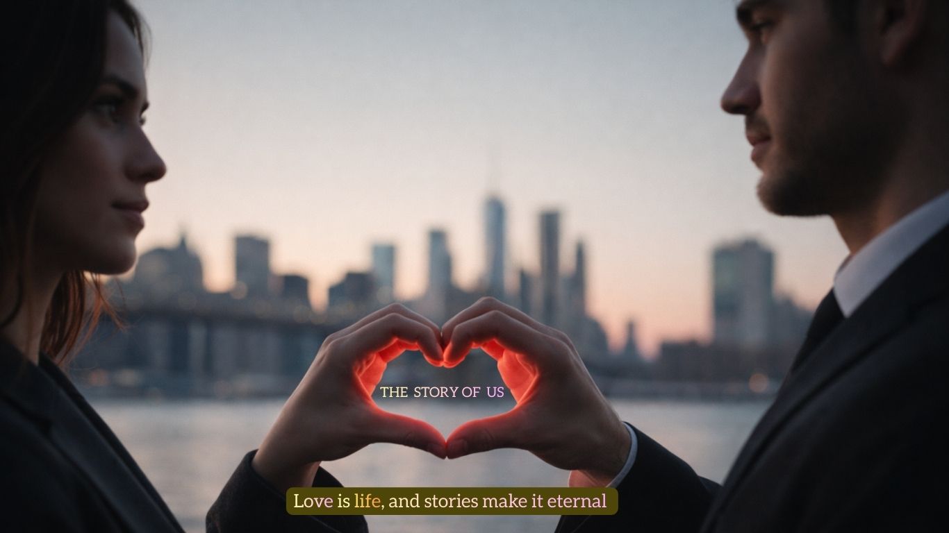 Romantic couple forming a glowing heart with hands at sunset city skyline – The Story of Us | Romance Tropes eternal love stories
