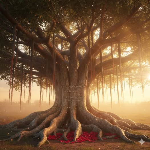 Friends To Lovers ancient banyan tree with three carved names xX_StarlightGamer_Xx xX_RenataXx and Rio was here too at golden sunset with red roses at base