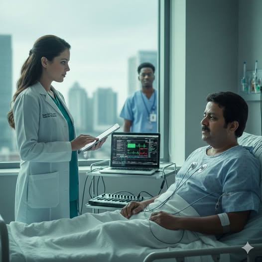 Slow burn romance scene of a cardiac surgeon monitoring a music composer during hospital observation