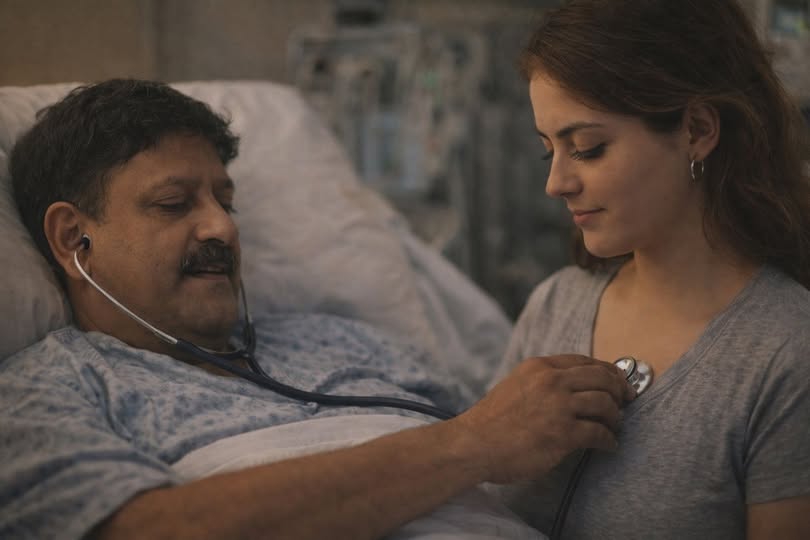 Slow burn romance scene where a music composer listens to a cardiac surgeon’s heartbeat in a hospital room