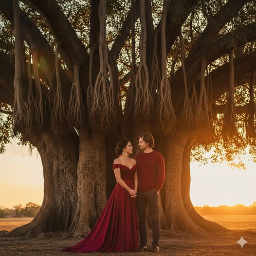 Friends To Lovers romantic image of Renata and Rio standing under ancient banyan tree at golden sunset holding hands