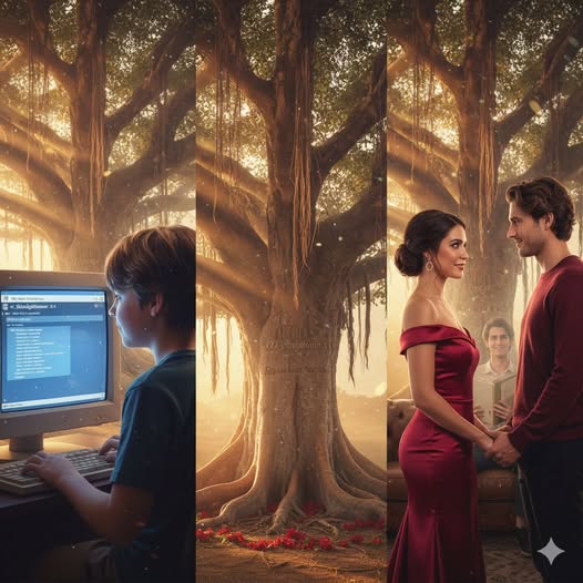 "Friends To Lovers three panel cinematic image showing AIM chat logs from 2008, ancient banyan tree with carved names, and Renata with Rio under the tree as ghostly Theo watches over them"