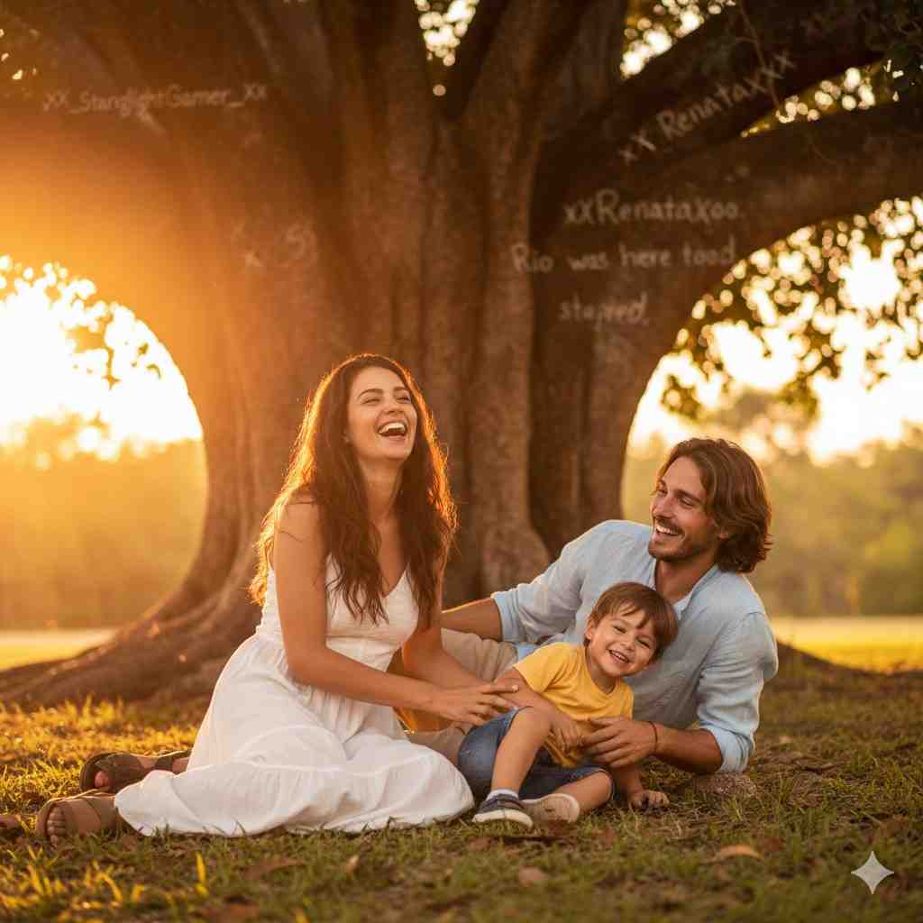 Friends To Lovers family Renata Rio and their son Little Theo playing happily in front of ancient banyan tree with carved names at golden sunset