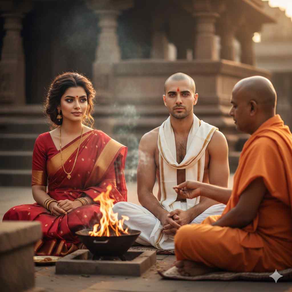 Renata and Rio performing sacred Sanatan puja in India with priest at holy fire, Renata in red silk saree, Rio with shaven head in white dhoti, ancient temple background, Friends To Lovers spiritual ceremony