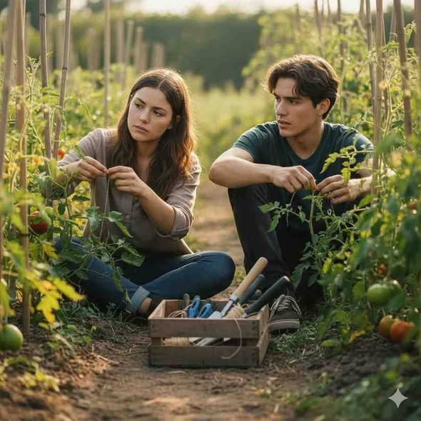 Two young adults tending tomato plants in a community garden, sharing a quiet moment that reflects eternal love beyond digital distractions
