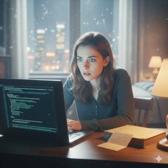 A young woman alone at night facing computer code, caught between digital betrayal and eternal love reflected in handwritten words