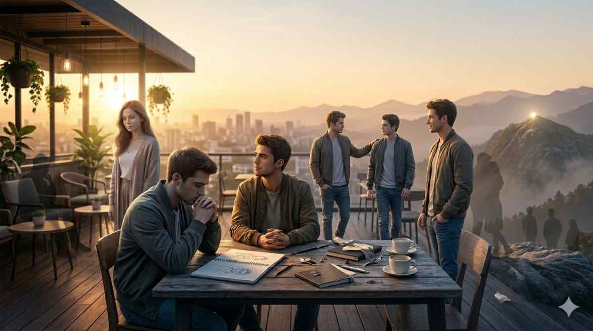 Friends To Lovers story cover showing four men in a rooftop café and a mountain scene of healing and emotional transformation