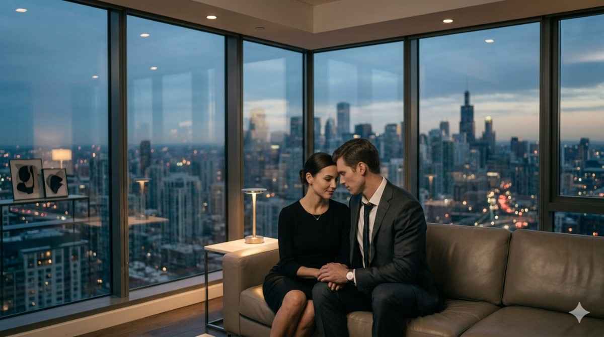 A woman in an elegant gown sitting on the couch with a man. Her expression is composed and professional to meet the conditions of fake marriage. Behind them, a large glass window shows midnight . The mood is tense, yearning, romantic.