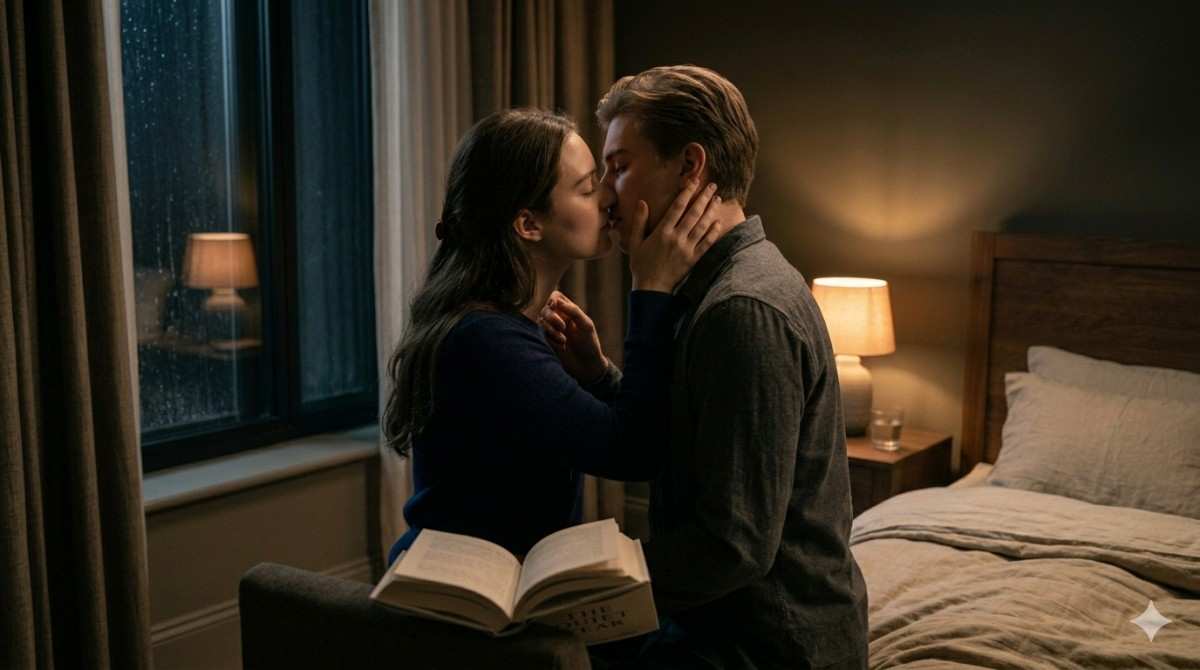 A young couple shares a soft emotional first kiss in a dimly lit bedroom, capturing a tender insomnia romance moment of trust and vulnerability