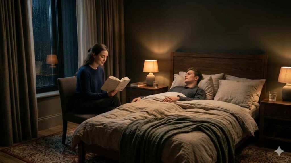 A woman reading beside a resting man in a softly lit bedroom, capturing a calm insomnia romance moment of trust, comfort, and emotional connection