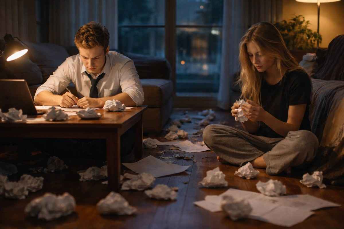 Friends to lovers couple writing and tearing letters in a dim room, showing slow burn tension and unspoken eternal love