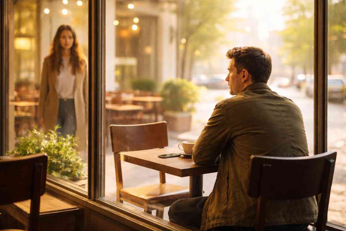 Toxic love story scene showing emotional distance between a couple in a sunlit café