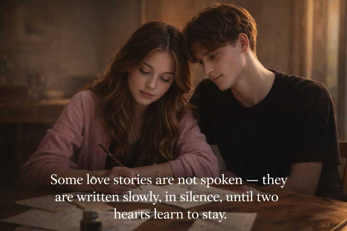 A young couple sitting together in soft warm light, quietly writing and sharing a moment of eternal love in silence