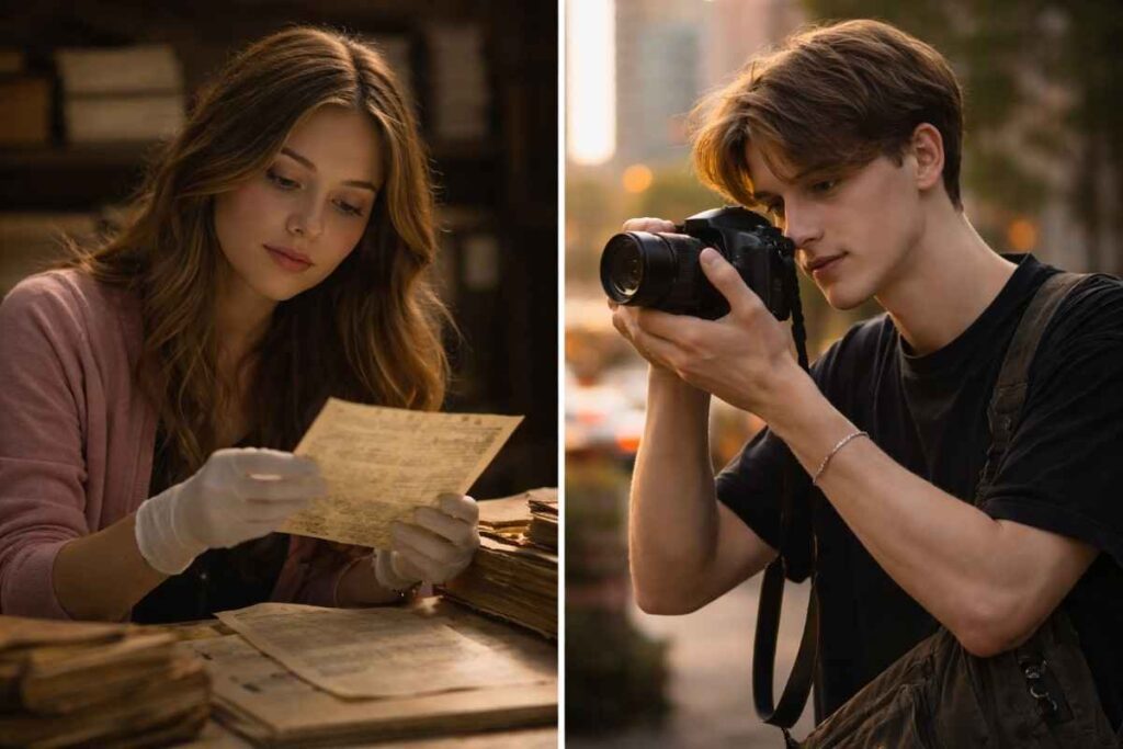 slow burn love story woman preserving old letters and man with camera cinematic contrast