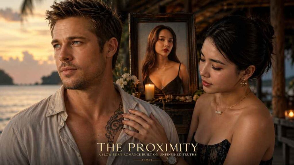 A grieving man with a hidden tattoo stands beside a Thai woman while a memorial portrait watches over them, capturing a moment of eternal love and loss.