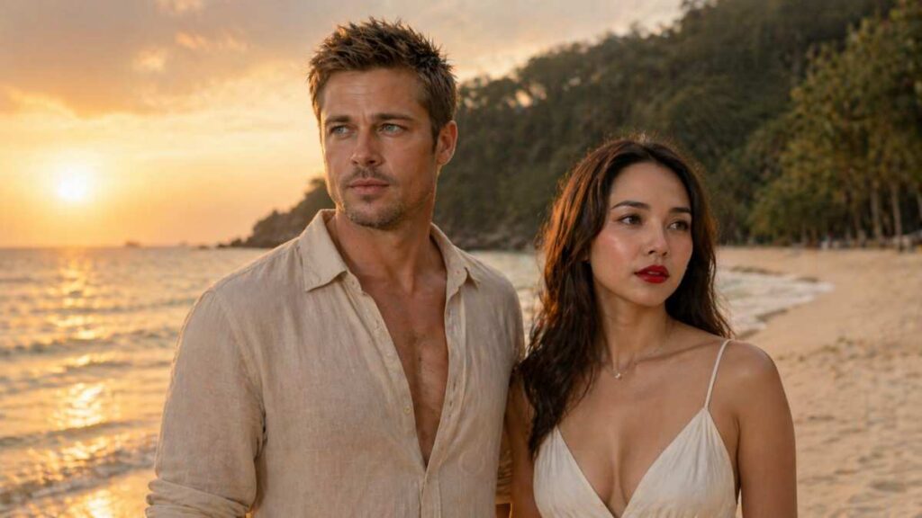 A man and a Thai woman stand together on a golden beach at sunset, reflecting quiet emotion and eternal love shaped by loss and connection.