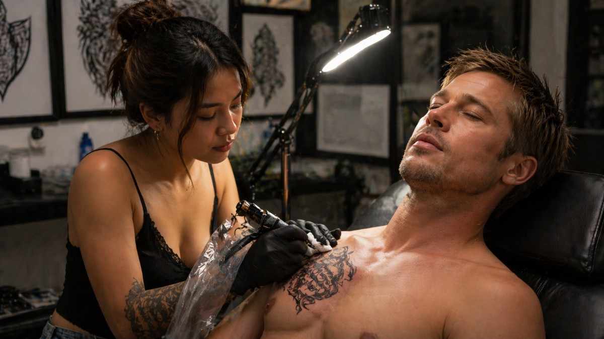 A tattoo artist carefully inkes a design on a man’s chest in a quiet studio, capturing a moment of eternal love through memory and art.