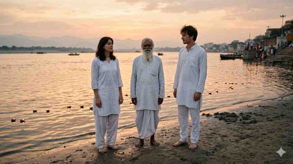 AI love story Ophelia Owen Guruji Ganga river sunset ashram white clothes