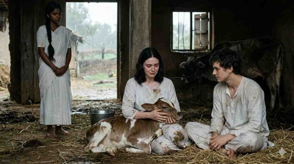 AI love story Ophelia holds dying calf cowshed Owen Devi ashram