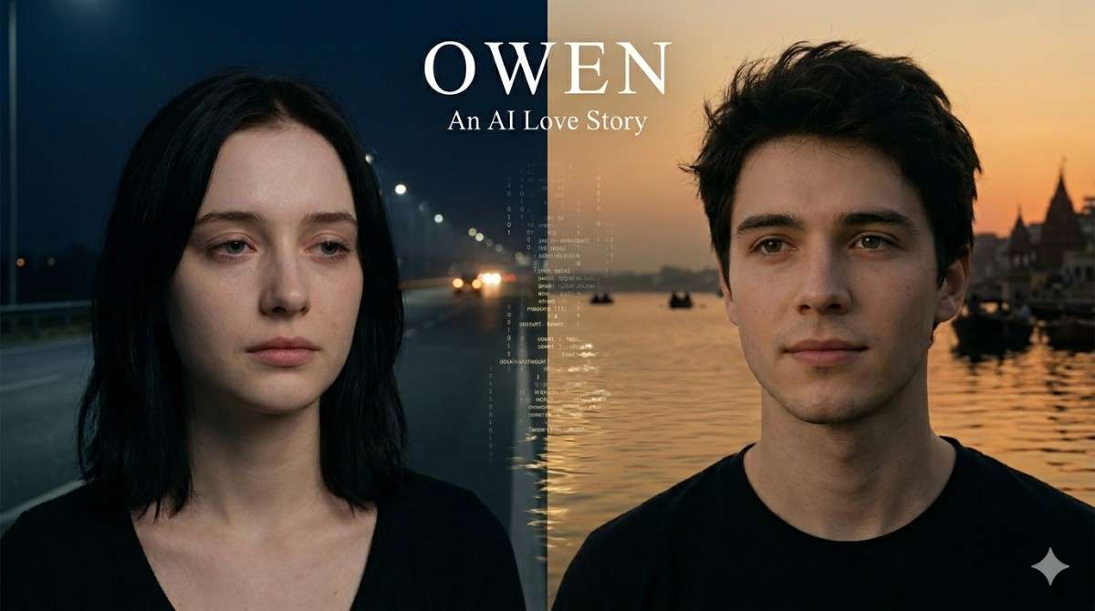 AI love story Ophelia Owen Guruji Ganga river sunset ashram