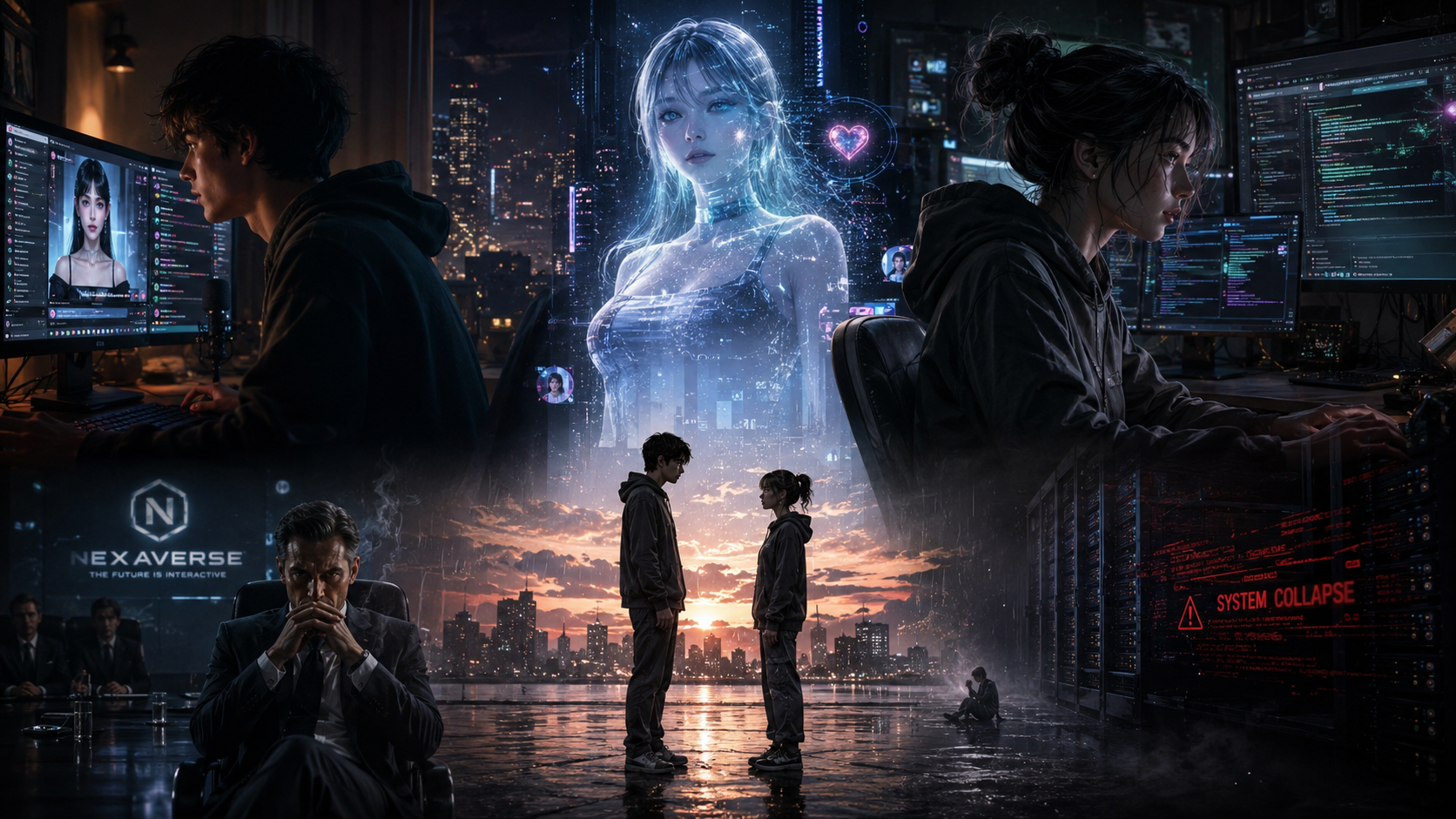 The Final Level – AI Love Story Between Leo, Xylar, and Lyra Cinematic futuristic scene from an AI love story showing Leo, Xylar, and the sentient AI Lyra inside a neon cyberpunk world of gaming, hacking, and digital romance.