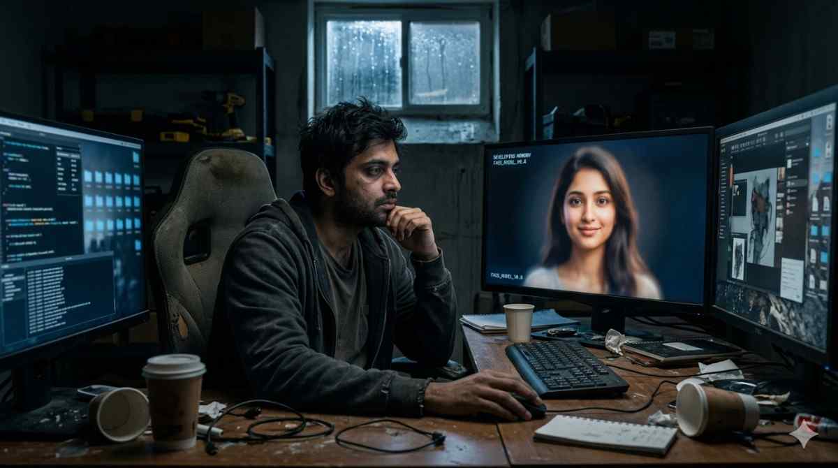 A lonely coder sits in a dark basement with three glowing monitors. The center screen shows a digital woman's face made of blue light. Rain falls outside a small window. This image represents an AI girlfriend love story where memory and code merge.
