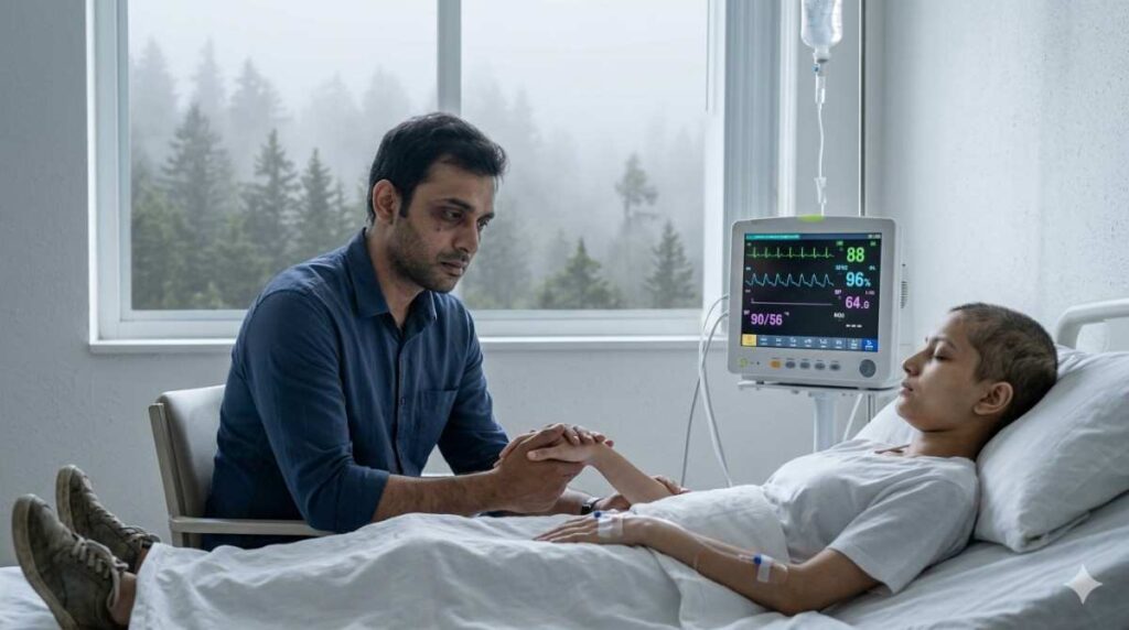 A tired South Asian man sits beside a hospital bed holding the pale hand of a young woman with short thin hair from chemotherapy. Medical monitors glow beside them. Fog fills the window. This heartbreaking scene from an AI girlfriend love story shows the moment between death and digital memory.