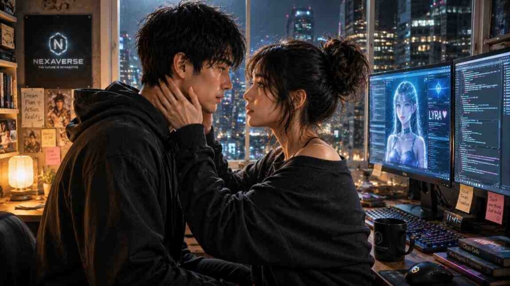 Leo and Xylar share an emotional moment in a futuristic apartment while the AI Lyra glows on nearby monitors in this cinematic AI love story scene.