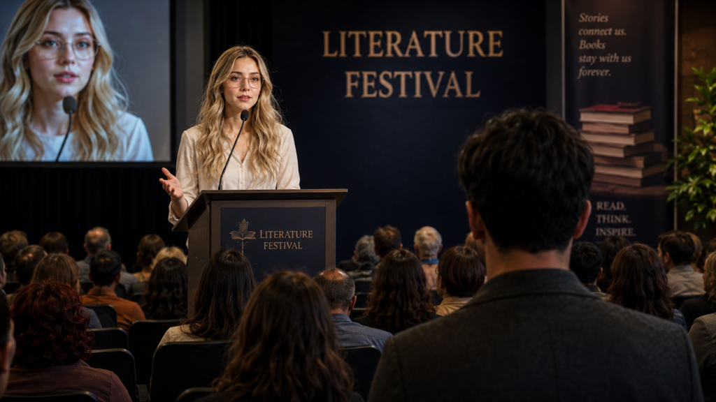 Narrator speaking at a literature festival as an audiobook narrator while an anonymous writer listens quietly from the last row of the audience.