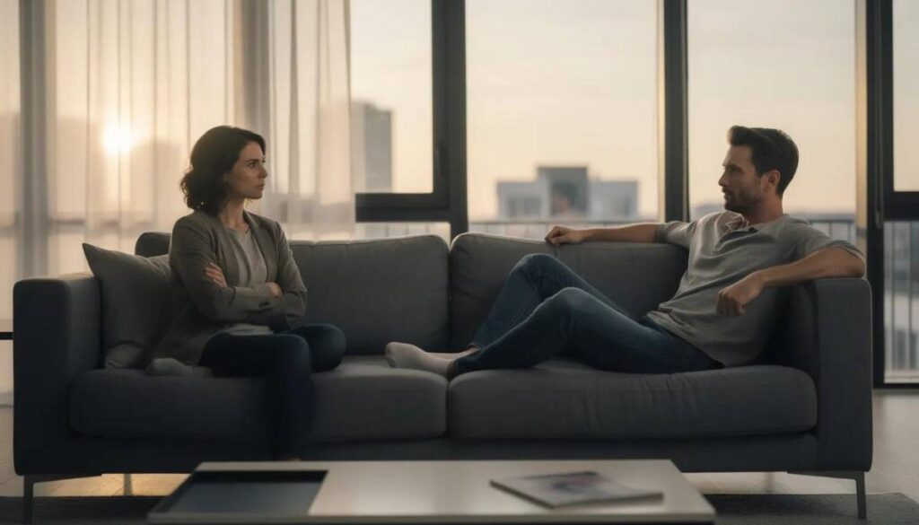 Couple having a serious conversation on a sofa, representing honest communication and clarity in a situationship.