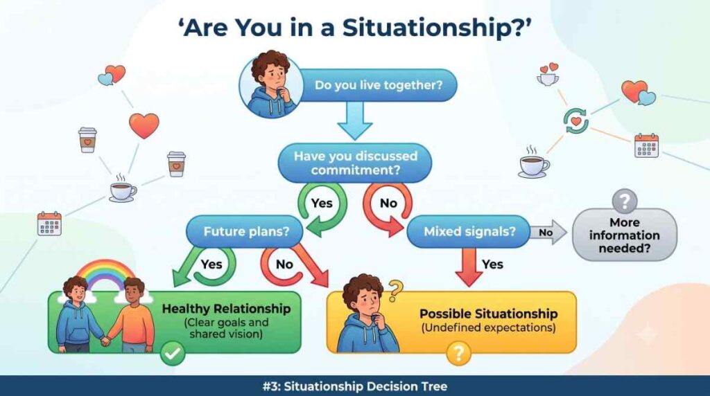 Meaning of situationship decision tree showing how to identify whether you are in a situationship or a healthy relationship based on commitment, future plans, and mixed signals.