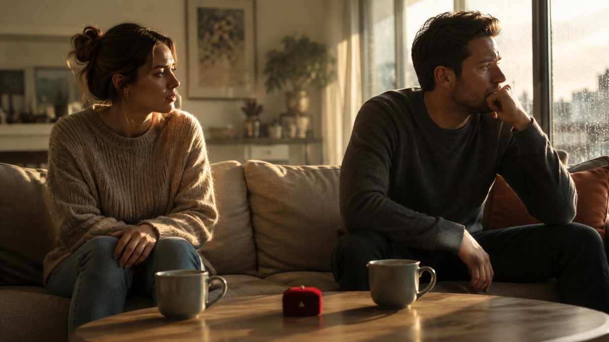 Why Won’t He Commit After Years Together? | Delayed Commitment in Relationships Why won't he commit after years together? A couple sits apart on a sofa with an unopened ring box between them, symbolizing delayed commitment and relationship uncertainty.