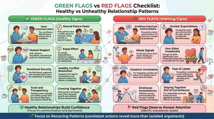 Green Flags vs Red Flags checklist for situationship vs living together, comparing healthy relationship signs with warning signs of an undefined relationship.