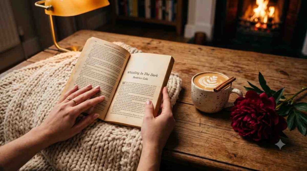 An intimate, flat-lay style photograph from a first-person perspective, capturing a cozy reading nook on a weathered wooden table. A woman’s hands, featuring delicate gold stacking rings, hold open a paperback book titled "Whistling In The Dark" by Beatrice Cole, filled with classic romantic stories. The book rests on a chunky cream knit blanket. To the right, a spotted ceramic mug holds latte art and a cinnamon stick, beside a deep red peony flower. A vintage yellow desk lamp and a crackling fireplace in the background provide a warm, moody glow.