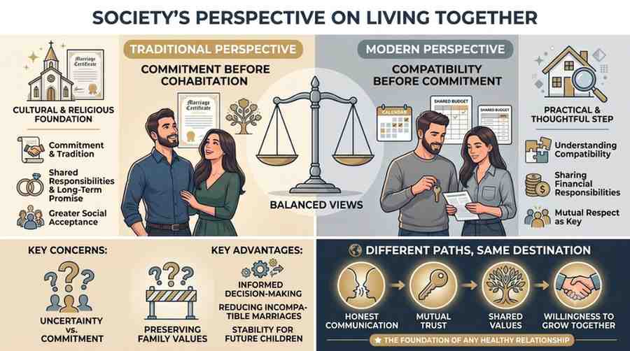 Infographic comparing traditional and modern views on situationship vs living together, highlighting commitment, compatibility, family values, and shared goals.