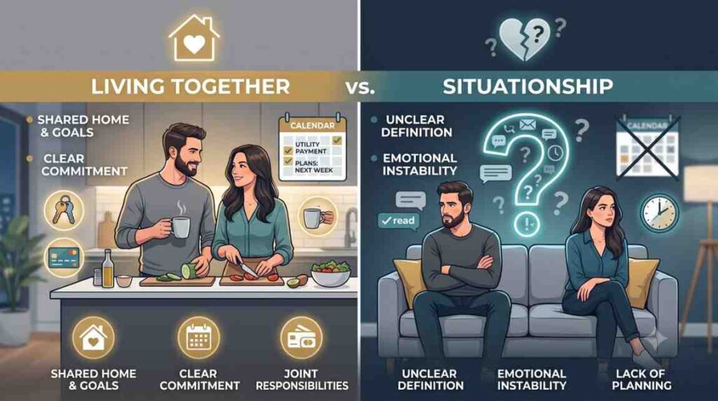 Comparison infographic explaining situationship vs living together, highlighting commitment, shared responsibilities, emotional uncertainty, and future planning.