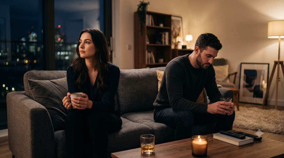 Situationship vs Living Together: Emotional Distance in a Shared Home A couple sitting apart on a sofa, illustrating the emotional difference between a situationship vs living together.