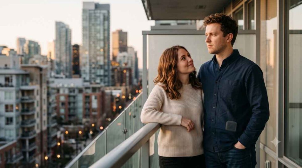 A couple standing together on a balcony, reflecting on whether a man can love you but not commit.