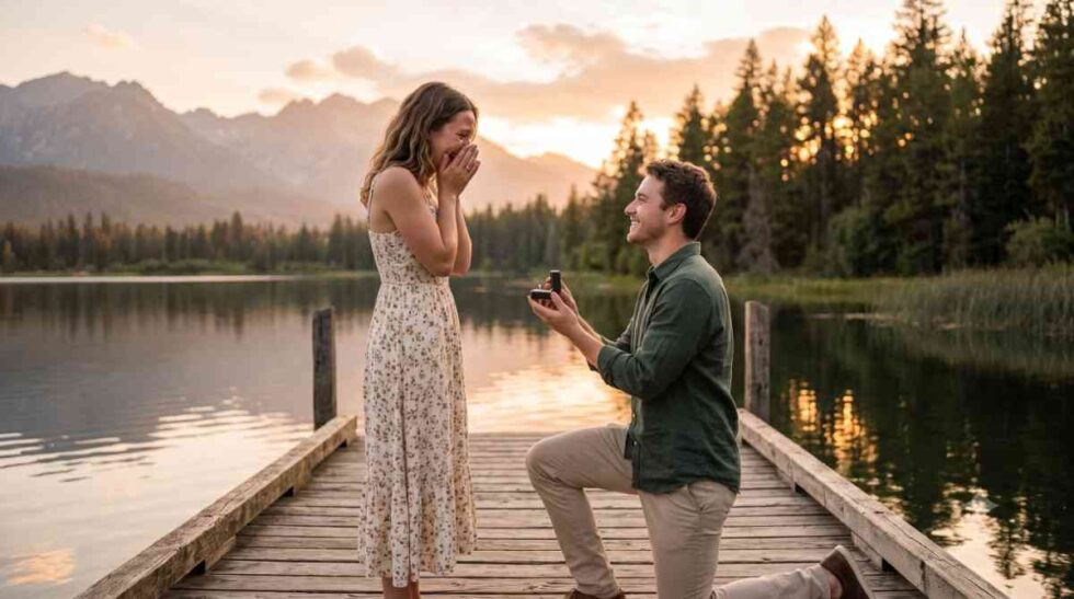 A cinematic wide shot capturing one of those unforgettable moments from romantic stories at sunset on a rustic wooden dock. A man in a green shirt and khaki pants is down on one knee, holding an open black ring box. A woman in a floral maxi dress stands before him, her hands covering her mouth in genuine shock and joy. The calm lake reflects the soft golden hour sunlight, with misty pine trees and distant mountains framing the intimate scene.