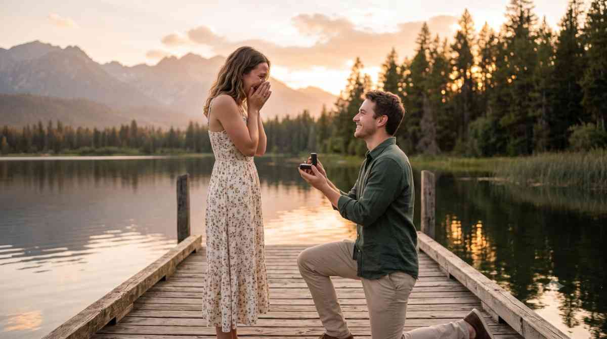 A cinematic wide shot capturing one of those unforgettable moments from romantic stories at sunset on a rustic wooden dock. A man in a green shirt and khaki pants is down on one knee, holding an open black ring box. A woman in a floral maxi dress stands before him, her hands covering her mouth in genuine shock and joy. The calm lake reflects the soft golden hour sunlight, with misty pine trees and distant mountains framing the intimate scene.