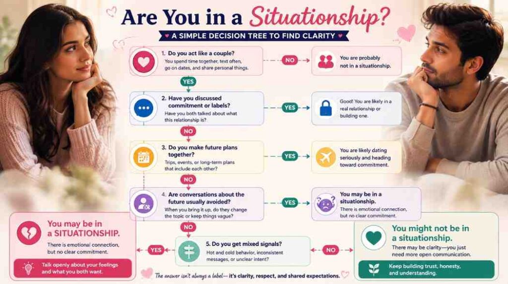 Situationship decision tree infographic helping readers identify whether they are in a situationship through a simple relationship checklist.
