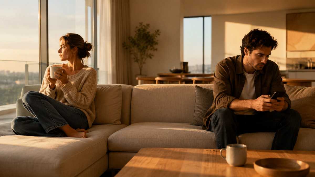 Meaning of Situationship: Modern Couple Facing Emotional Uncertainty Meaning of situationship illustrated by a modern Western couple sitting apart with emotional distance in a contemporary home