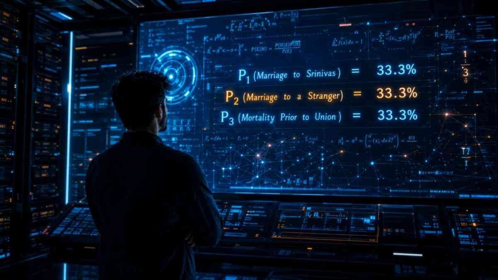 A wide cinematic shot of Srinivas inside a dimly lit quantum server room in New Delhi, staring at a massive holographic screen displaying the 33.3% paradox formula, illustrating the tense battle between **predictive AI vs human free will.**