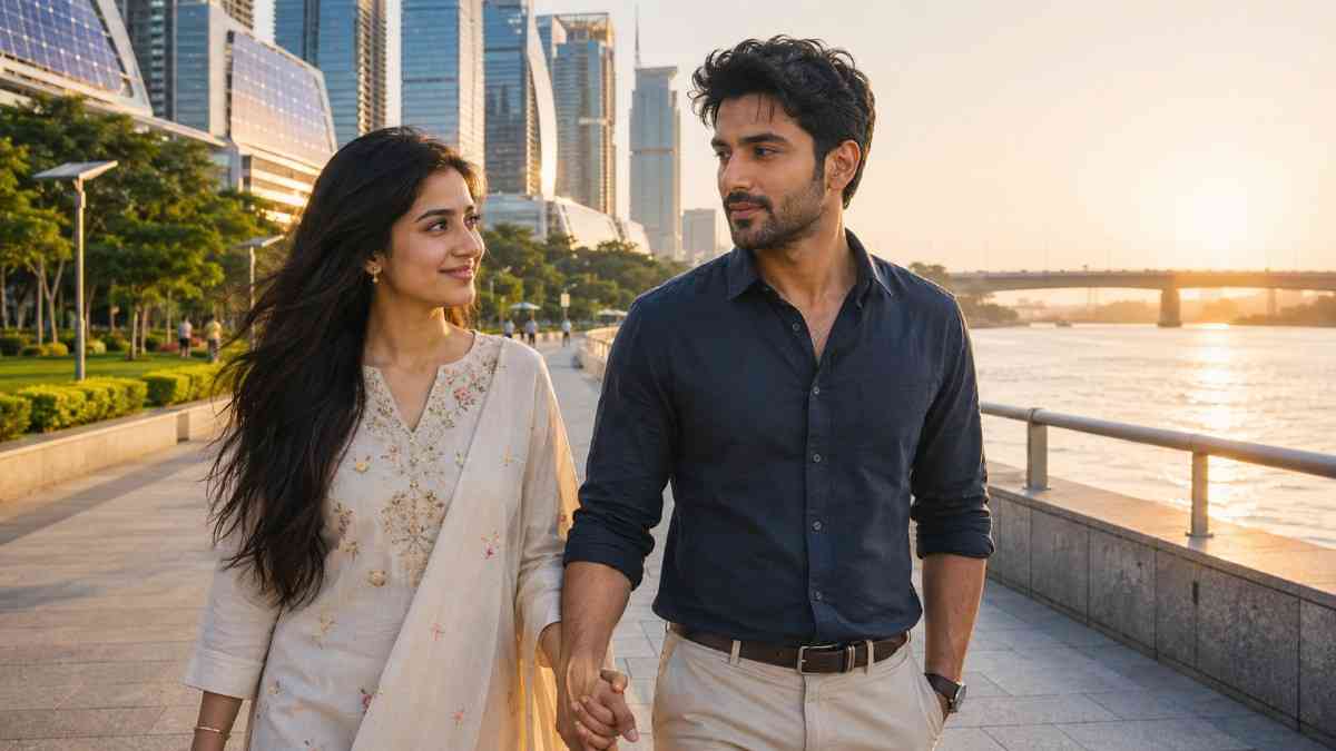 A sun-drenched medium-long shot of Srinivas and Vinita holding hands while walking on the stone promenade of the clean Yamuna riverfront in 2047 New Delhi, highlighting predictive AI vs human free will with a lush green belt and solar-paneled eco-skyscrapers under a golden sunrise.