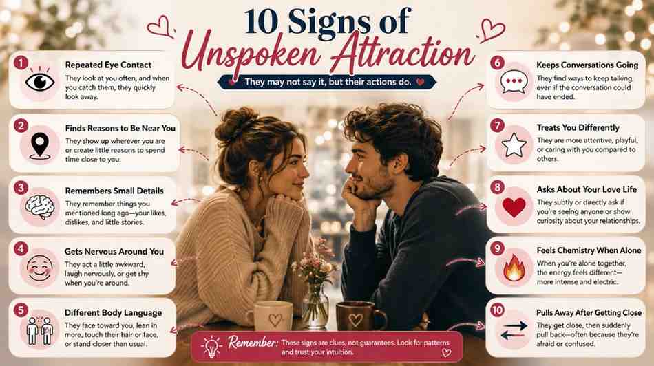 Unspoken Attraction: 10 Signs Someone Is Secretly Attracted to You 10 signs of unspoken attraction, including eye contact, body language, nervousness, jealousy, and mutual chemistry