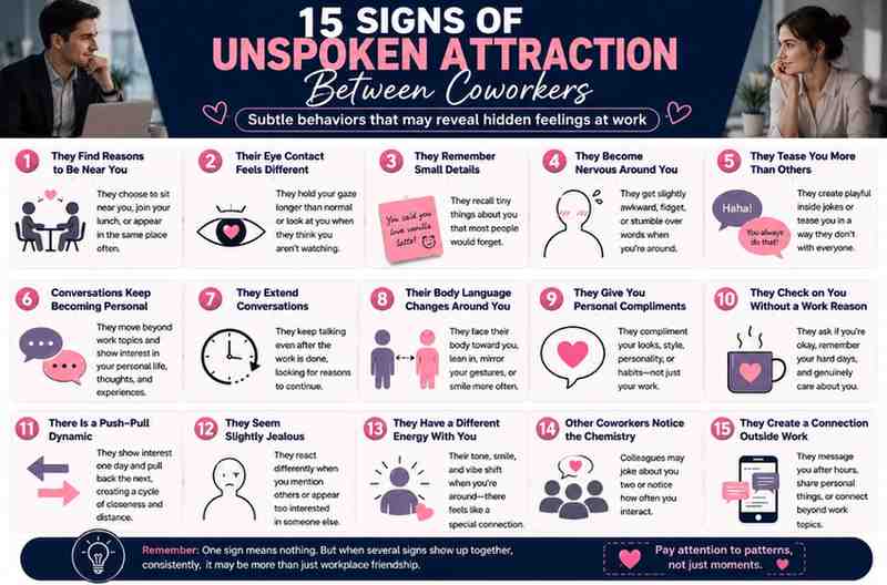 15 signs of unspoken attraction between coworkers in a modern workplace infographic