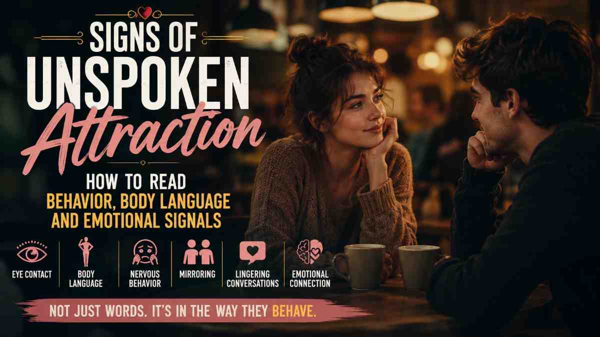 Signs of Unspoken Attraction: How to Read Behavior Signs of unspoken attraction shown through eye contact, body language, nervous behavior, mirroring, lingering conversations, and emotional connection between a couple in a café.