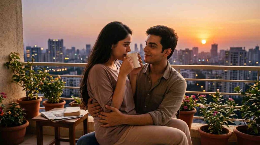 Hacker love story terrace sunset moment as Indian couple Maia and Habul share coffee and intimacy on apartment balcony