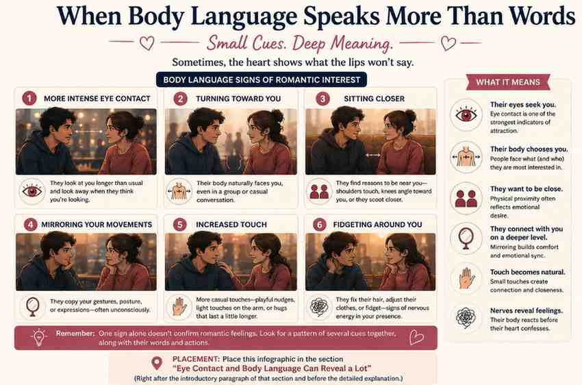 Body language signs of romantic tension between friends, including eye contact, closeness, mirroring, touch, and nervous gestures