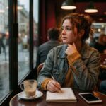 A young woman with curly hair sits alone at a Parisian cafe table, gazing thoughtfully out a rain-streaked window while resting her chin on her hand, with a notebook, pen, coffee, and smartphone nearby.